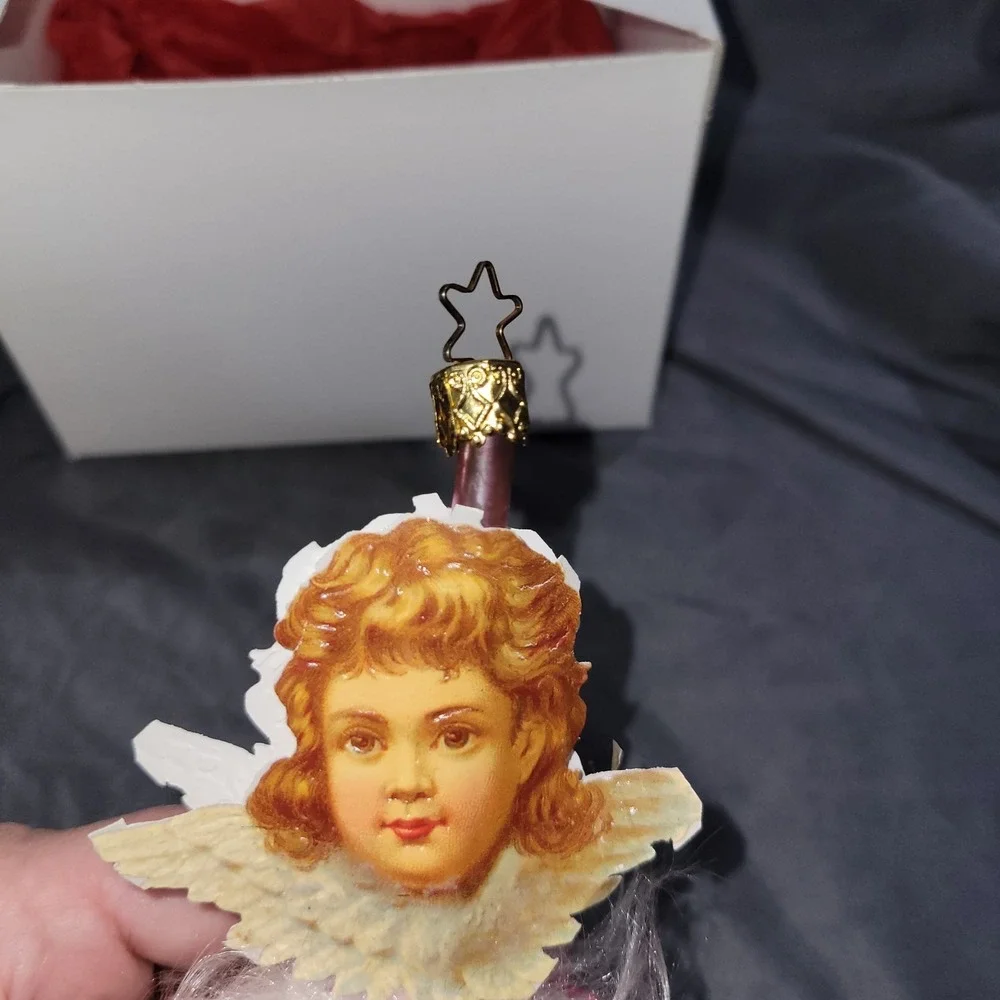VTG Inge Glas Cherub Above Ball With Tinsel Wire Old World Holiday Ornament RARE
